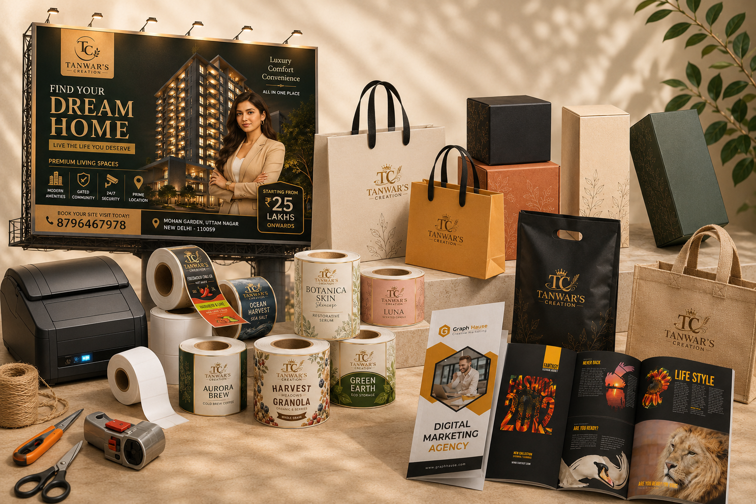 Custom printed paper bags, rigid boxes, label rolls, catalogues and a standee